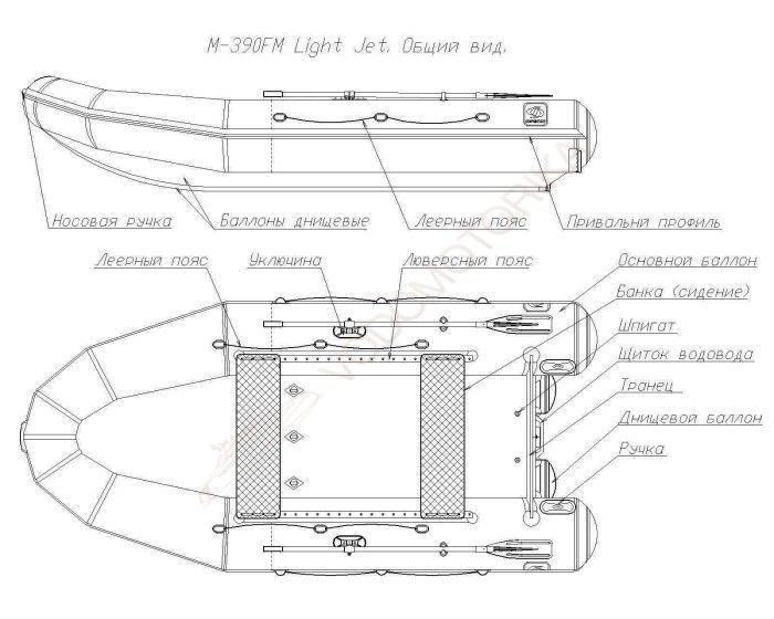 Надувная лодка Фрегат М-390 FM Light Jet ( серый ) комбинированный транец